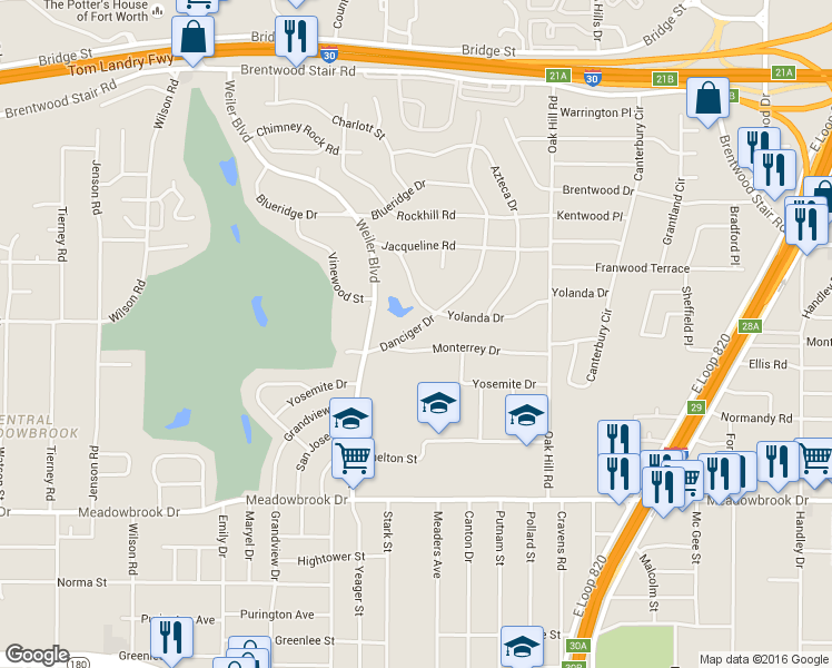 map of restaurants, bars, coffee shops, grocery stores, and more near 5733 Monterrey Drive in Fort Worth