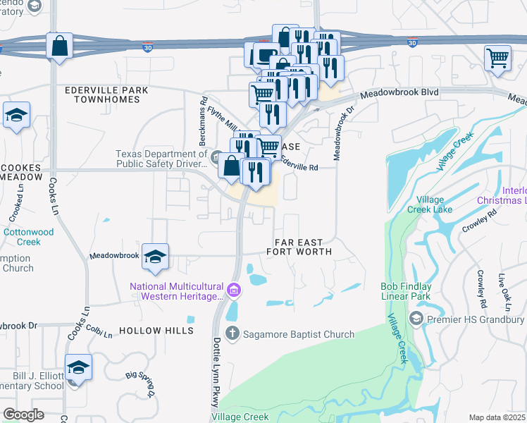 map of restaurants, bars, coffee shops, grocery stores, and more near 8362 Ranch Lane in Fort Worth