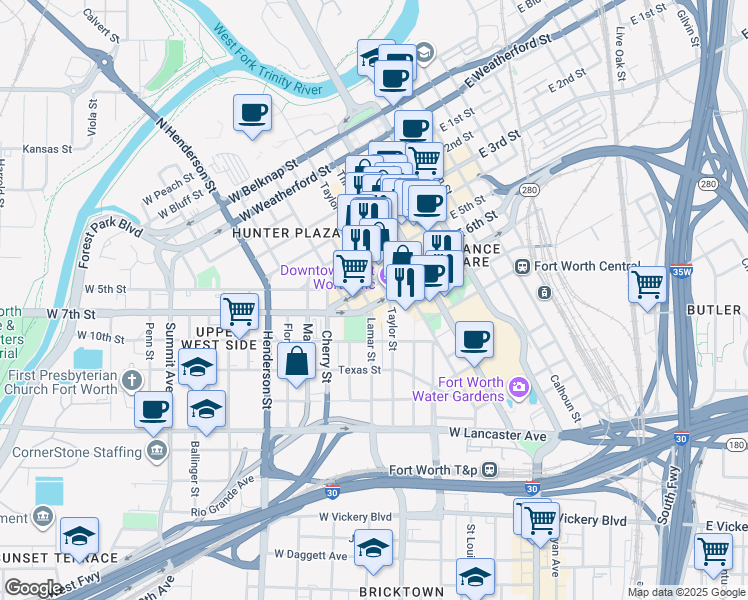 map of restaurants, bars, coffee shops, grocery stores, and more near 501 West 6th Street in Fort Worth
