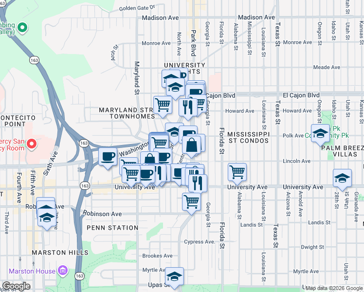 map of restaurants, bars, coffee shops, grocery stores, and more near 4018 Centre Street in San Diego