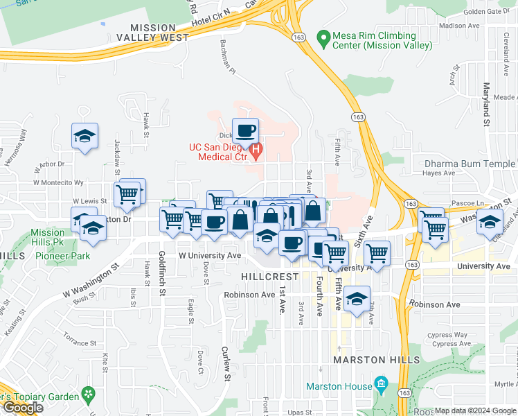 map of restaurants, bars, coffee shops, grocery stores, and more near 4054 Front Street in San Diego