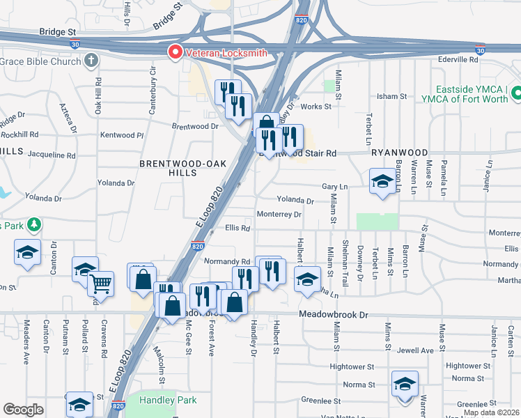 map of restaurants, bars, coffee shops, grocery stores, and more near 1901 Handley Drive in Fort Worth