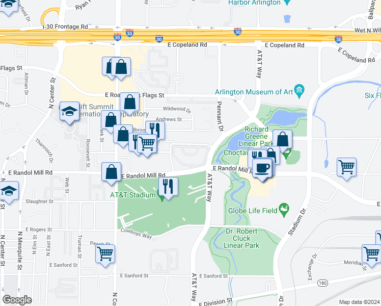 map of restaurants, bars, coffee shops, grocery stores, and more near 1249 Enclave Way in Arlington