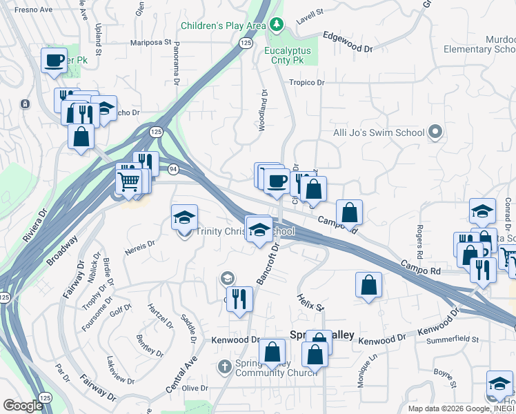 map of restaurants, bars, coffee shops, grocery stores, and more near 9009 Campo Road in Spring Valley