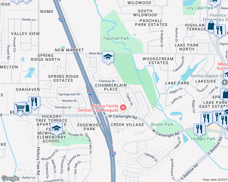 map of restaurants, bars, coffee shops, grocery stores, and more near 913 Kory Drive in Mesquite