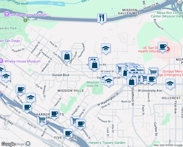 map of restaurants, bars, coffee shops, grocery stores, and more near 1704 Fort Stockton Drive in San Diego