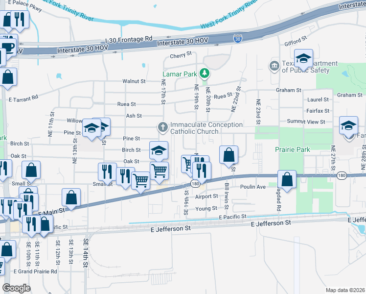 map of restaurants, bars, coffee shops, grocery stores, and more near 421 Northeast 18th Street in Grand Prairie