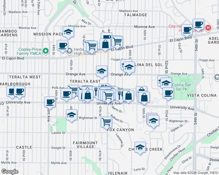 map of restaurants, bars, coffee shops, grocery stores, and more near 4074 48th Street in San Diego