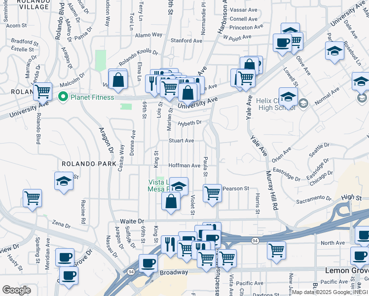 map of restaurants, bars, coffee shops, grocery stores, and more near 4026 Violet Street in La Mesa