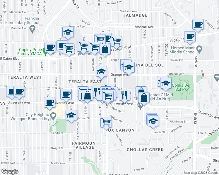 map of restaurants, bars, coffee shops, grocery stores, and more near 4074 48th Street in San Diego