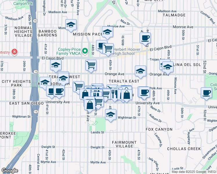 map of restaurants, bars, coffee shops, grocery stores, and more near 4079 45th Street in San Diego