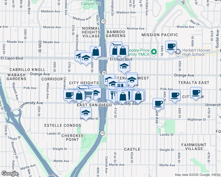 map of restaurants, bars, coffee shops, grocery stores, and more near in San Diego