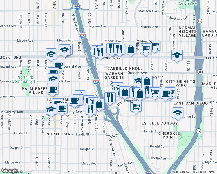 map of restaurants, bars, coffee shops, grocery stores, and more near 4048 Wabash Avenue in San Diego