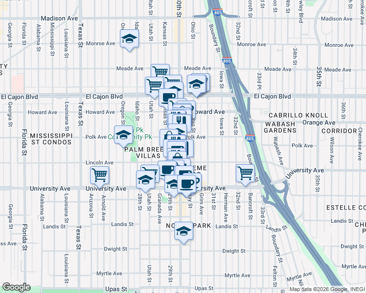 map of restaurants, bars, coffee shops, grocery stores, and more near in San Diego
