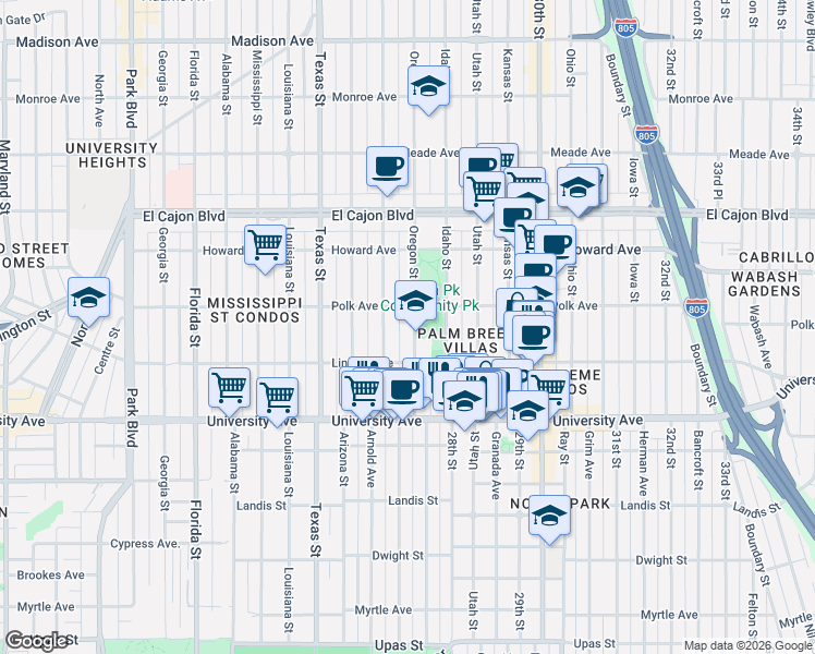 map of restaurants, bars, coffee shops, grocery stores, and more near 4041 Oregon Street in San Diego