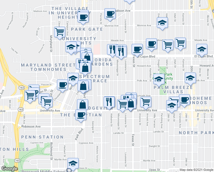 map of restaurants, bars, coffee shops, grocery stores, and more near 4025 Alabama Street in San Diego