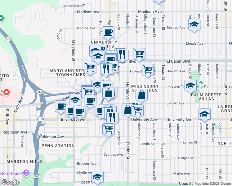map of restaurants, bars, coffee shops, grocery stores, and more near 4038 Georgia Street in San Diego