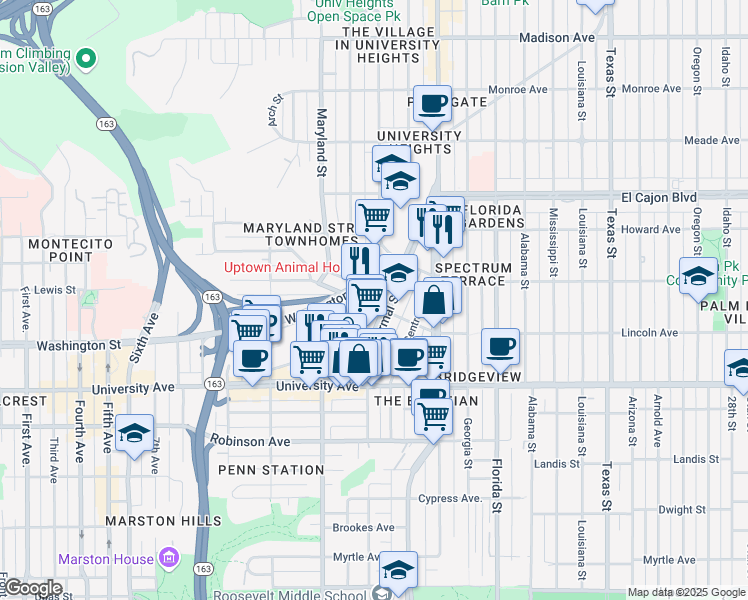 map of restaurants, bars, coffee shops, grocery stores, and more near 3983 Normal Street in San Diego