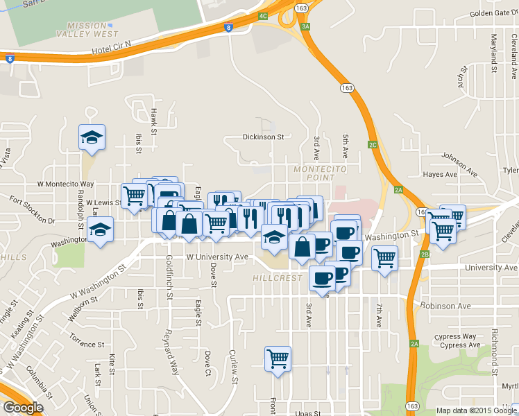 map of restaurants, bars, coffee shops, grocery stores, and more near 4056 Albatross Street in San Diego