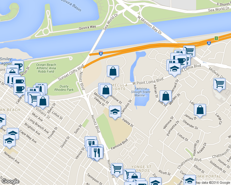 map of restaurants, bars, coffee shops, grocery stores, and more near 4411 Mentone Street in San Diego
