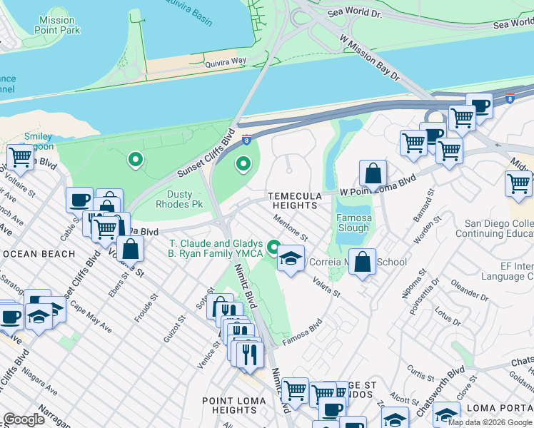 map of restaurants, bars, coffee shops, grocery stores, and more near 4453 Montalvo Street in San Diego