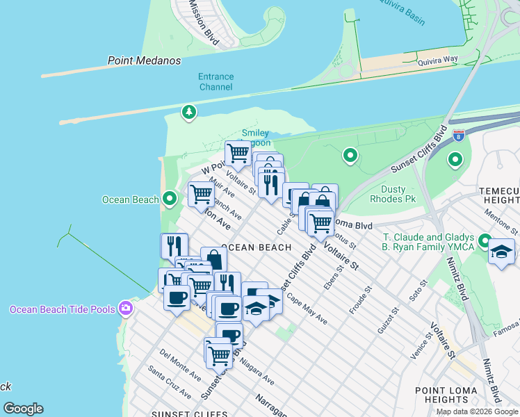 map of restaurants, bars, coffee shops, grocery stores, and more near 2136 Bacon Street in San Diego
