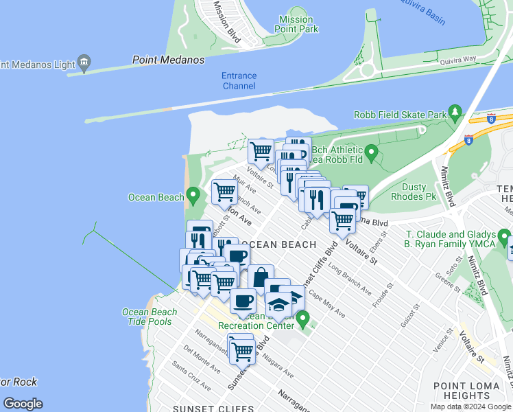 map of restaurants, bars, coffee shops, grocery stores, and more near 5050 Brighton Avenue in San Diego