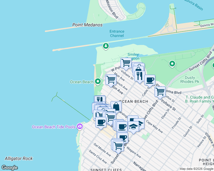 map of restaurants, bars, coffee shops, grocery stores, and more near in San Diego