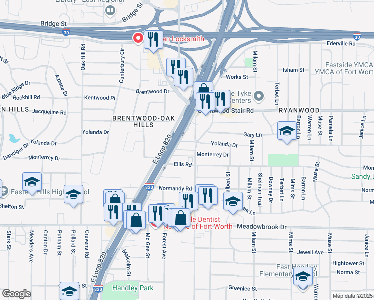 map of restaurants, bars, coffee shops, grocery stores, and more near 6560 Red Sierra Drive in Fort Worth