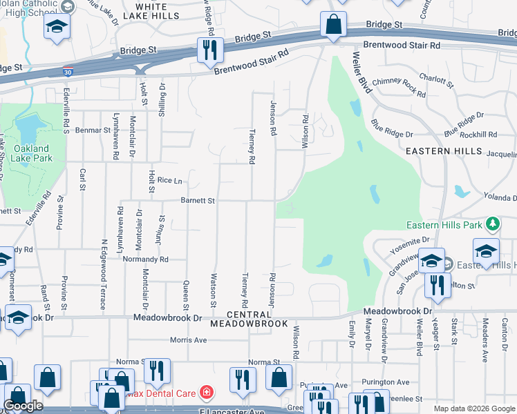 map of restaurants, bars, coffee shops, grocery stores, and more near 1915 Tierney Road in Fort Worth