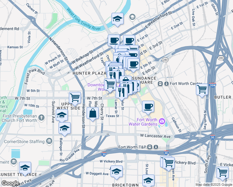 map of restaurants, bars, coffee shops, grocery stores, and more near 501 West 6th Street in Fort Worth