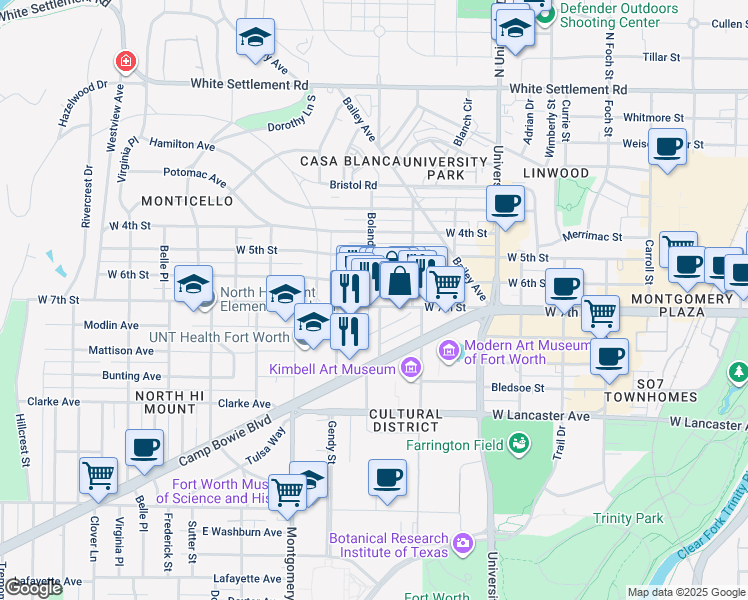 map of restaurants, bars, coffee shops, grocery stores, and more near in Fort Worth
