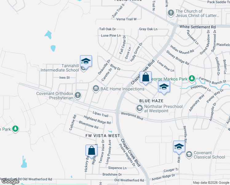 map of restaurants, bars, coffee shops, grocery stores, and more near 10265 Maverick Drive in Fort Worth