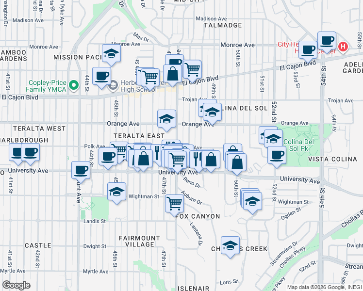 map of restaurants, bars, coffee shops, grocery stores, and more near 4764 Polk Avenue in San Diego