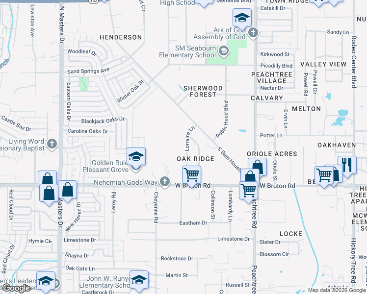map of restaurants, bars, coffee shops, grocery stores, and more near 1301 Lorraine Lane in Mesquite