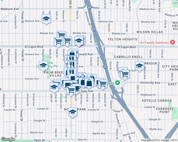 map of restaurants, bars, coffee shops, grocery stores, and more near 4060 Iowa Street in San Diego