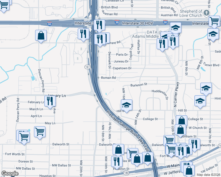 map of restaurants, bars, coffee shops, grocery stores, and more near 1610 Hill Street in Grand Prairie