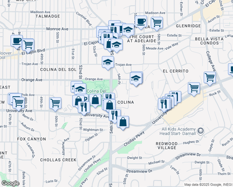 map of restaurants, bars, coffee shops, grocery stores, and more near 4117 54th Place in San Diego