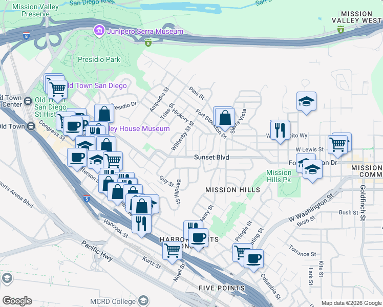 map of restaurants, bars, coffee shops, grocery stores, and more near 2031 Sunset Boulevard in San Diego