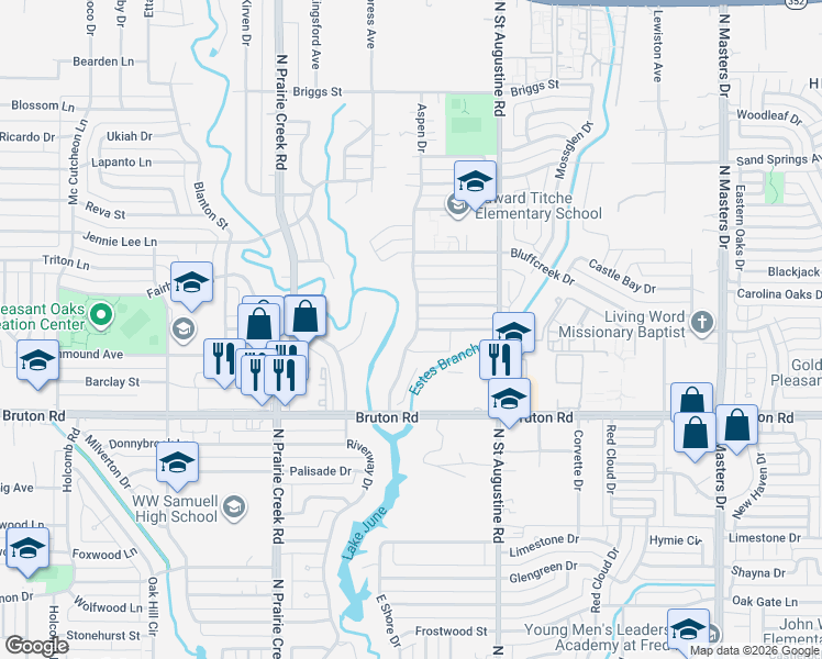 map of restaurants, bars, coffee shops, grocery stores, and more near 2248 Aspen Drive in Dallas