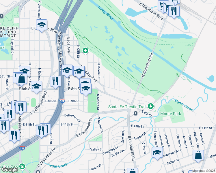 map of restaurants, bars, coffee shops, grocery stores, and more near 205 Hart Street in Dallas