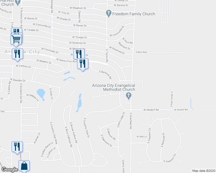 map of restaurants, bars, coffee shops, grocery stores, and more near 14203 South Gleneagle Lane in Arizona City