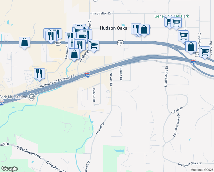map of restaurants, bars, coffee shops, grocery stores, and more near 117 Enchanted Oaks Court in Hudson Oaks
