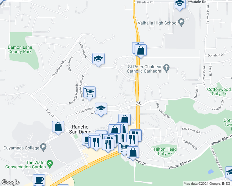 map of restaurants, bars, coffee shops, grocery stores, and more near 11787 Monte View Court in El Cajon