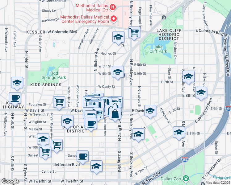 map of restaurants, bars, coffee shops, grocery stores, and more near 720 Elsbeth Street in Dallas