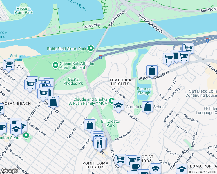 map of restaurants, bars, coffee shops, grocery stores, and more near 4451 Mentone Street in San Diego