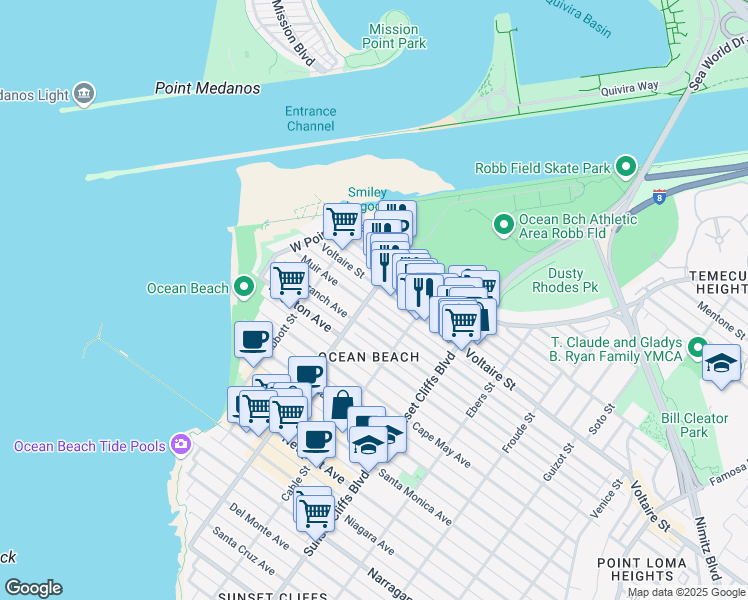 map of restaurants, bars, coffee shops, grocery stores, and more near 2136 Bacon Street in San Diego