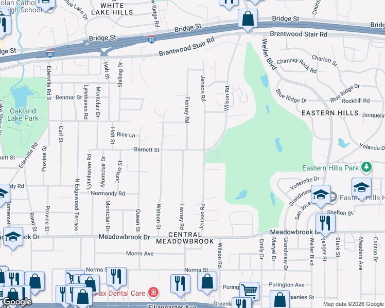 map of restaurants, bars, coffee shops, grocery stores, and more near 1915 Tierney Road in Fort Worth