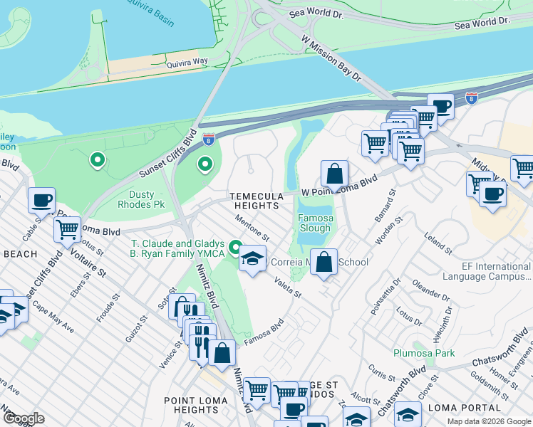 map of restaurants, bars, coffee shops, grocery stores, and more near 4359 Temecula Street in San Diego
