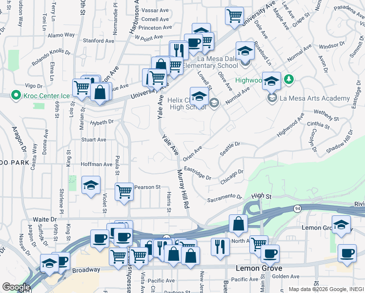 map of restaurants, bars, coffee shops, grocery stores, and more near 4028 Apore Street in La Mesa